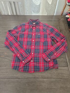 Hollister Mens Red Blue Plaid Flannel Shirt Long Sleeve Button Down Size L Retro